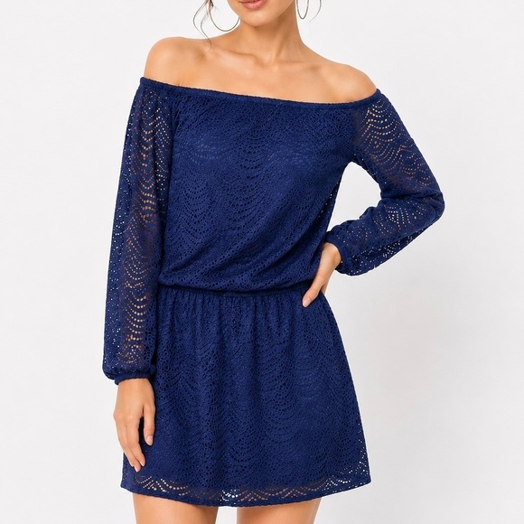 Lilly Pulitzer Pants - Lilly Pulitzer Lana Romper Navy Blue Lace Off The Shoulder XS Resort Summer